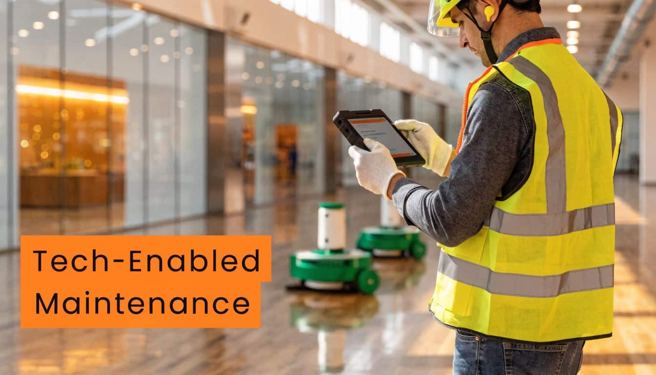 A maintenance worker in a reflective vest uses a tablet to operate autonomous floor cleaning robots indoors.
