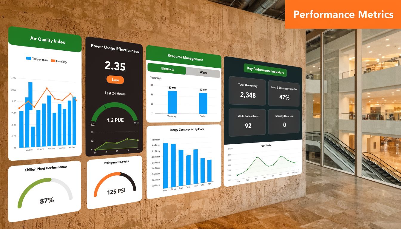 A digital performance dashboard displaying building utility metrics, energy consumption, and mall foot traffic data.