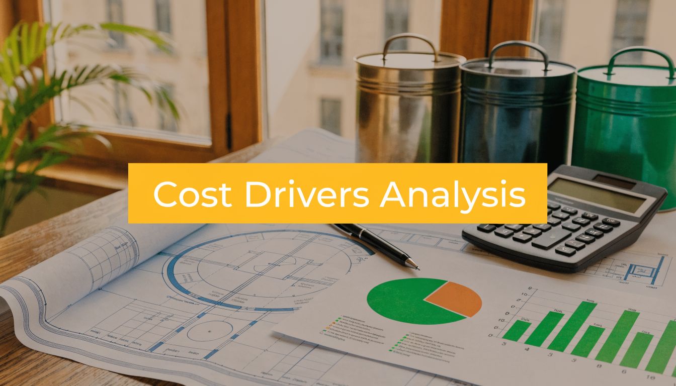 A professional desk featuring blueprints, a calculator, and business charts used for cost drivers analysis.