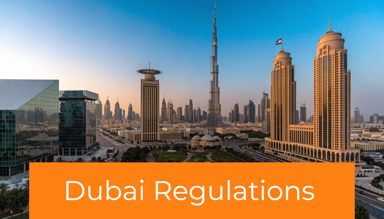 A wide angle view of the Dubai skyline with skyscrapers at sunset, overlayed with the text Dubai Regulations.
