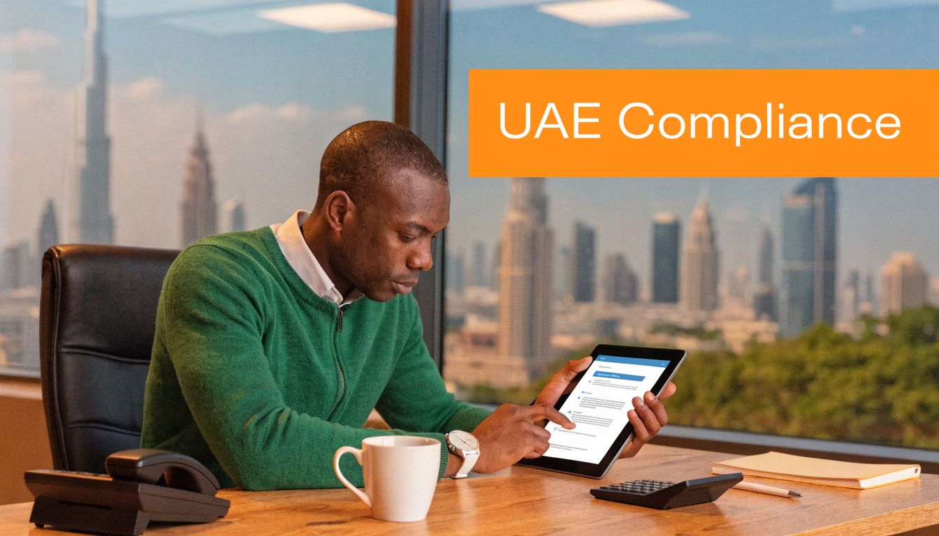 A professional man reviewing compliance documents on a tablet in an office overlooking the Dubai skyline.