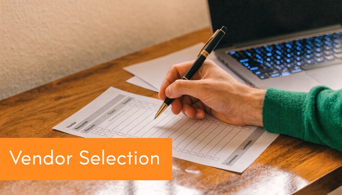 A professional writing on a vendor selection form at a desk with a laptop nearby.