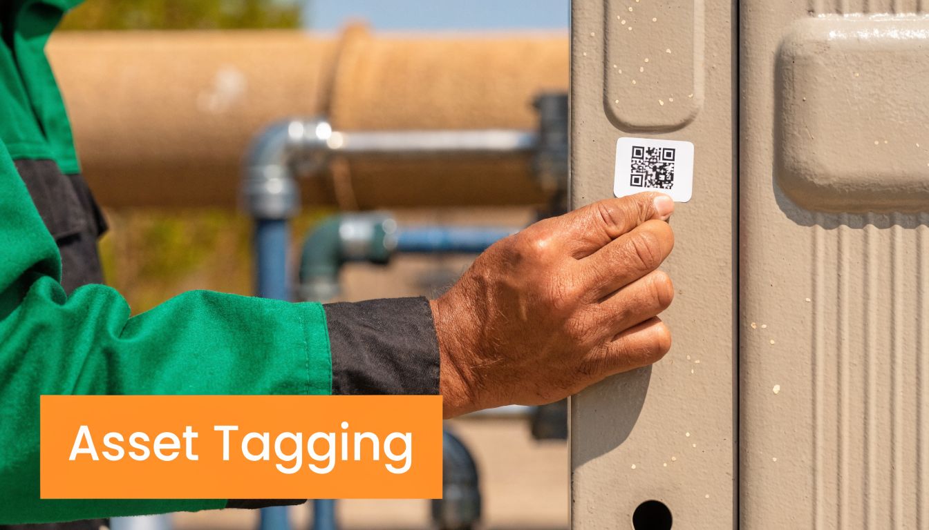 A technician applying a QR code asset tag to industrial equipment for maintenance and tracking purposes.