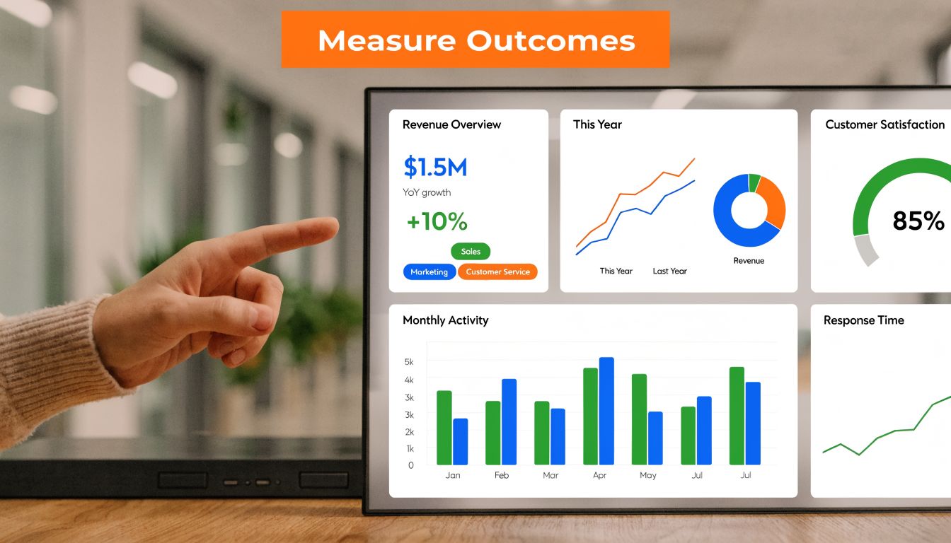A hand pointing at a digital dashboard display showcasing revenue, customer satisfaction, and monthly activity metrics.
