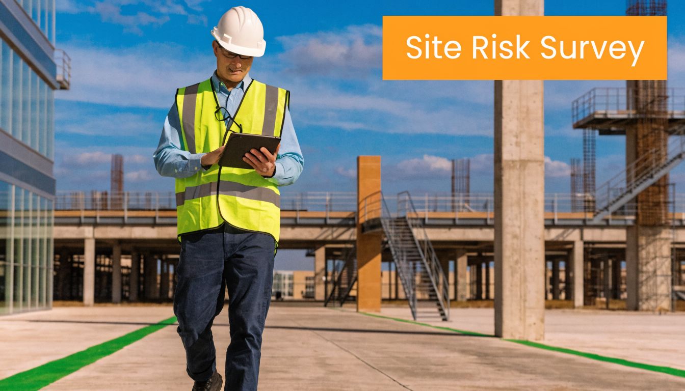 A professional construction inspector wearing a hard hat and high visibility vest performing a site risk survey.