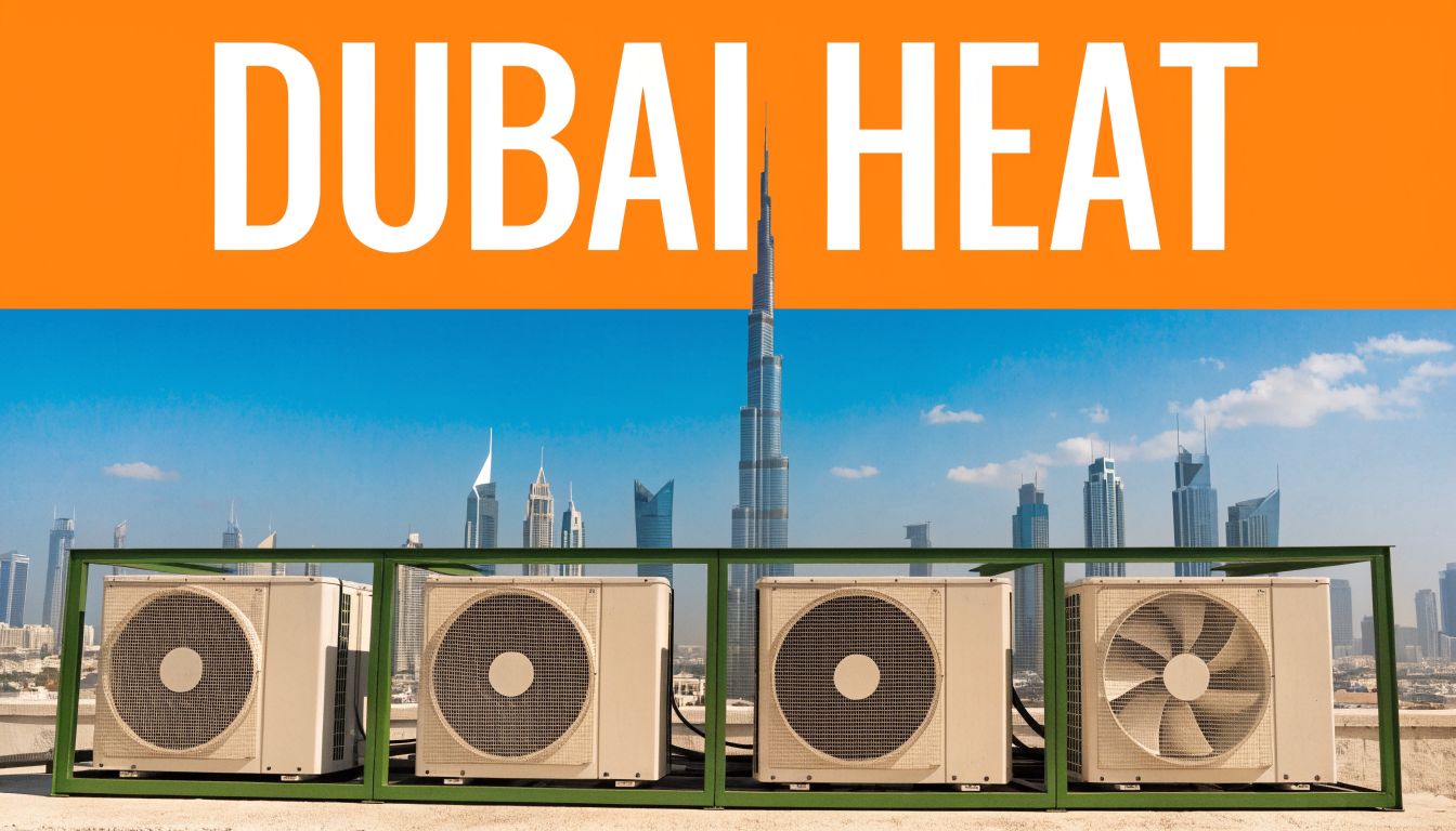 Row of industrial air conditioning units on a rooftop with the Dubai skyline in the background.
