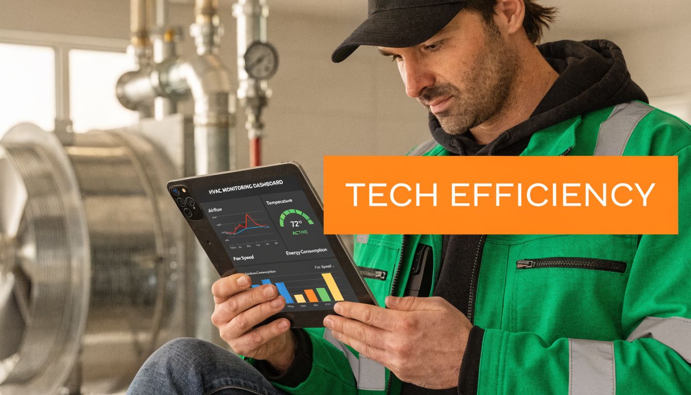 A professional HVAC technician in a green work jacket reviewing diagnostic data on a tablet in Dubai.