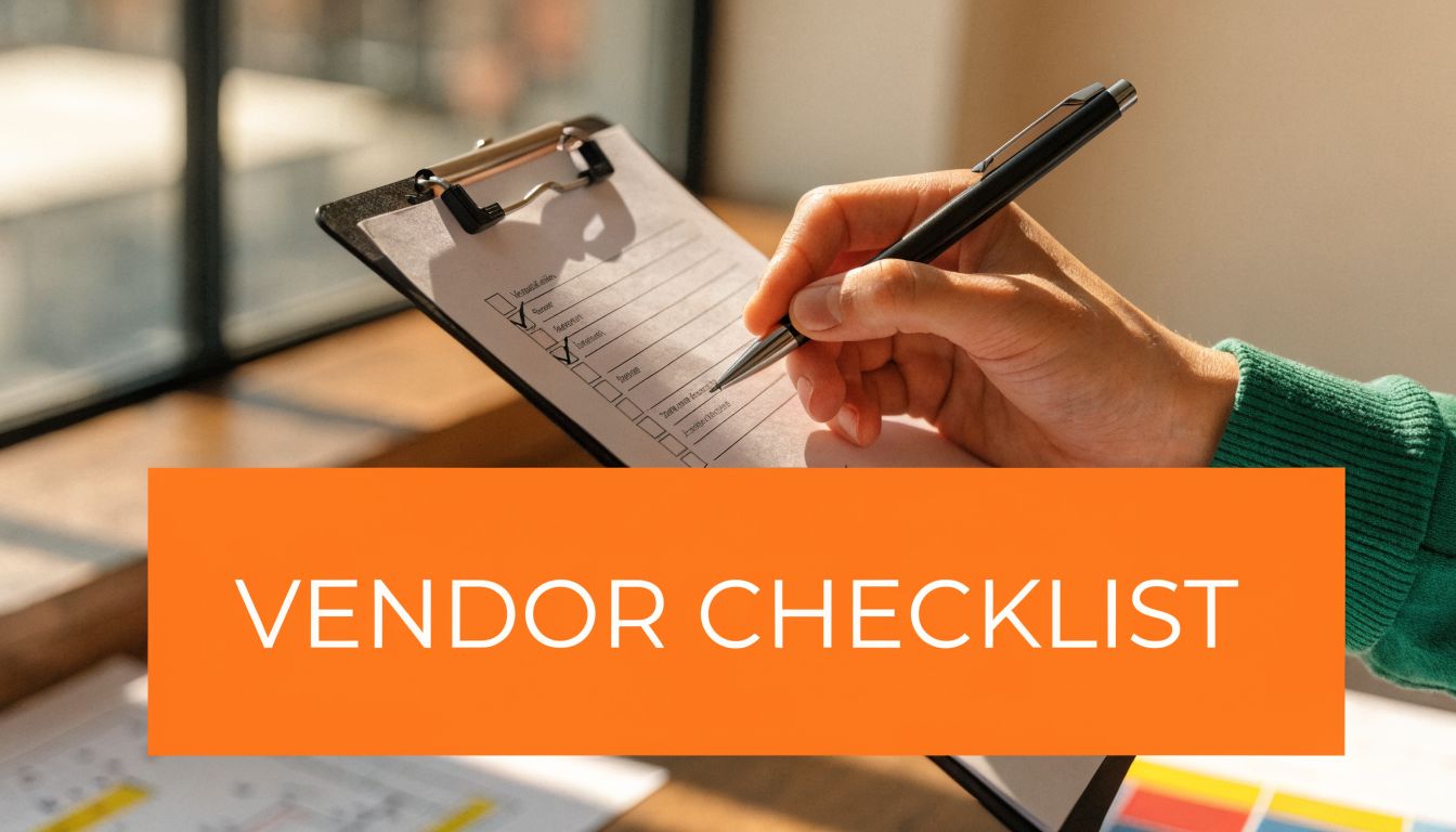 A person holding a clipboard with a vendor checklist form while writing with a pen.