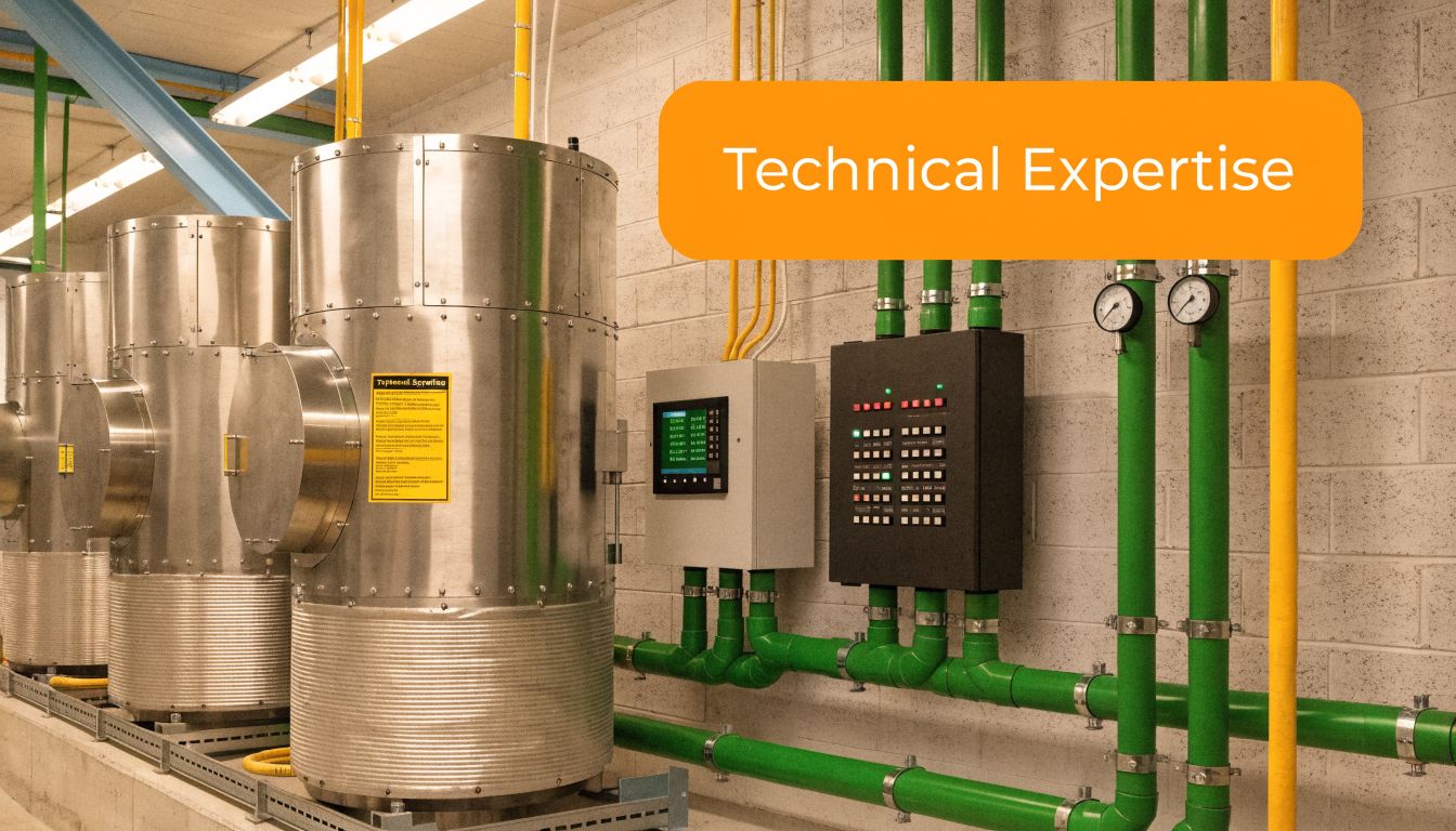 A modern industrial facility room featuring large metal storage tanks, complex green piping, and control panels.