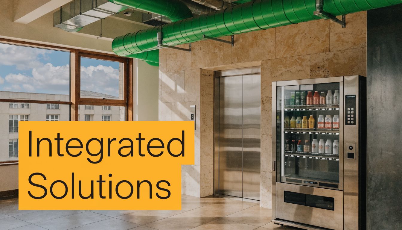 A sleek, modern lobby area featuring an elevator, a stocked vending machine, and bright, green ventilation ducts.
