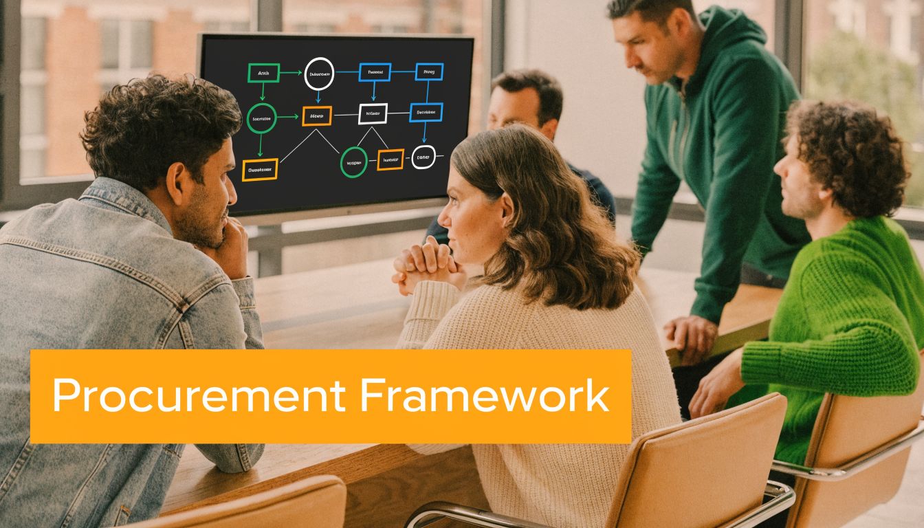 A diverse team of professionals collaborating on a procurement framework strategy during a business meeting in office.